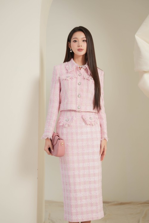 Sixdo Light Pink Midi Tweed Skirt